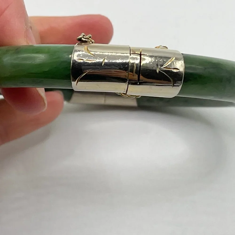 Vintage Spinach Green Nephrite Jade Bangle Bracelet Hinged 10K Gold Plate Caps